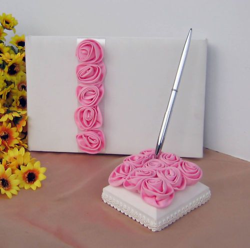 Wedding Guest Book Register Pen Set with Pink Rosettes  