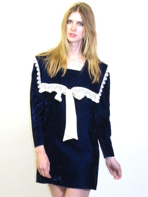 VTG 80S ROYAL BLUE Gunne Sax VELVET WHITE LACE SAILOR VICTORIAN MINI 