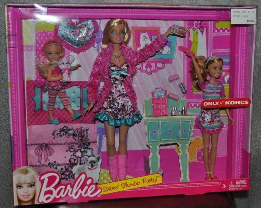 NIB Barbie Sisters Slumber Party Playset Stacie Chelsea Three Doll 