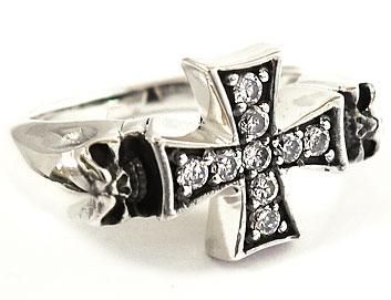 DIAMOND CROSS TWIN SKULL STERLING 925 SILVER RING Sz 10   BIKER 