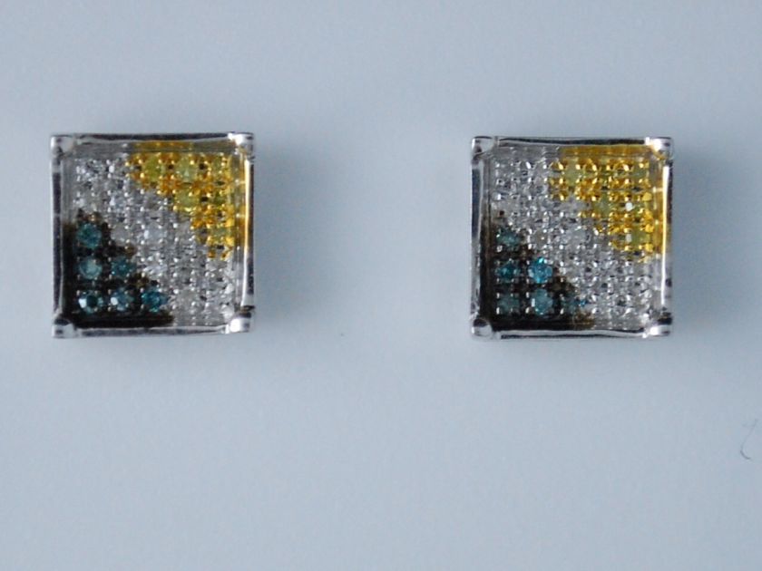   WHITE GOLD WHITE & BLUE & YELLOW DIAMOND SQUARE STUDS EARRINGS  