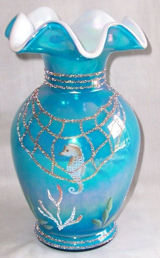   DESIGNER SHOWCASE LE HP FISH SEAHORSE OVERLAY TURQUOISE 8.5 VASE